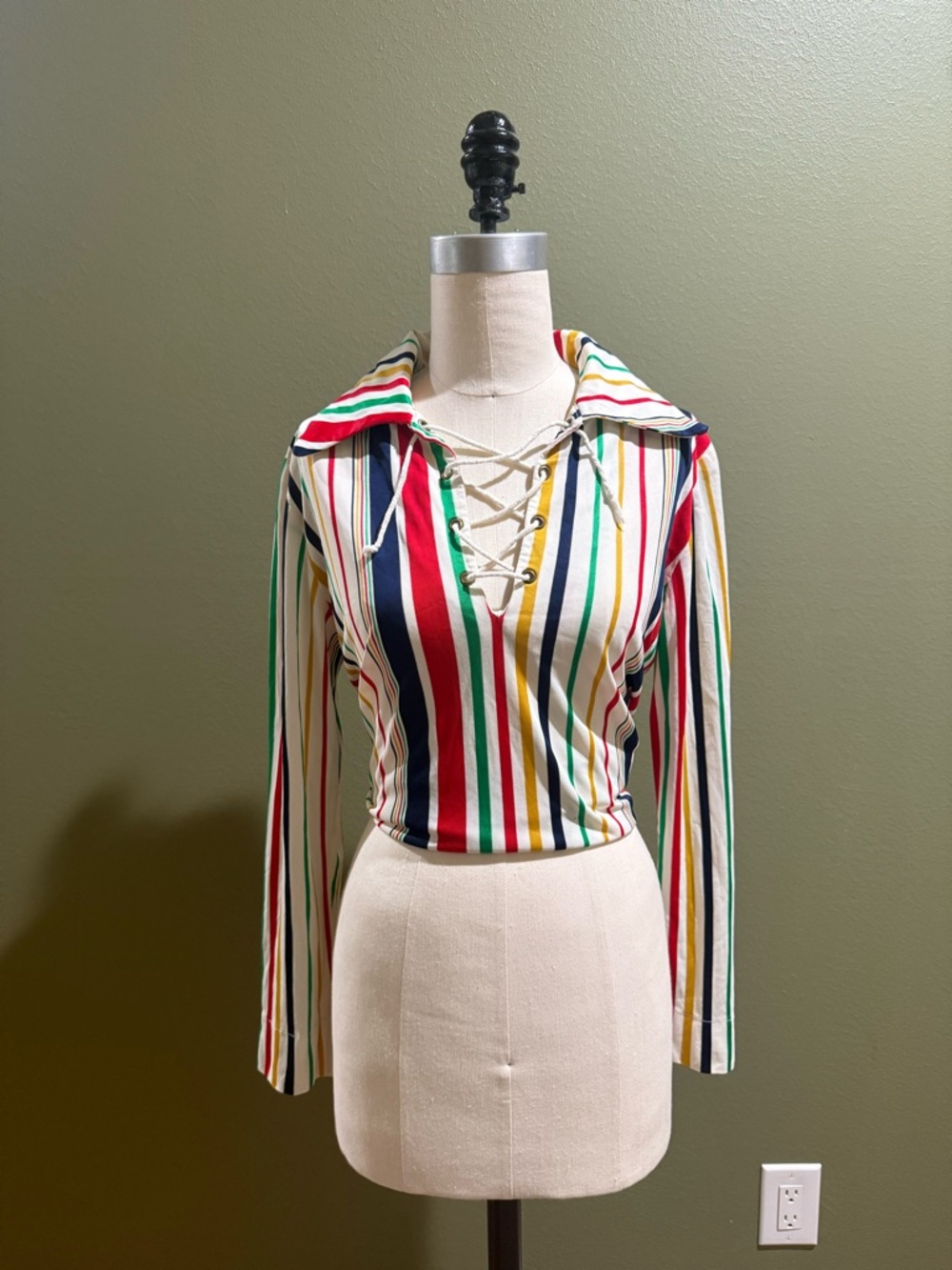 Striped Lace-Up Collared Women's Top - Multicolor